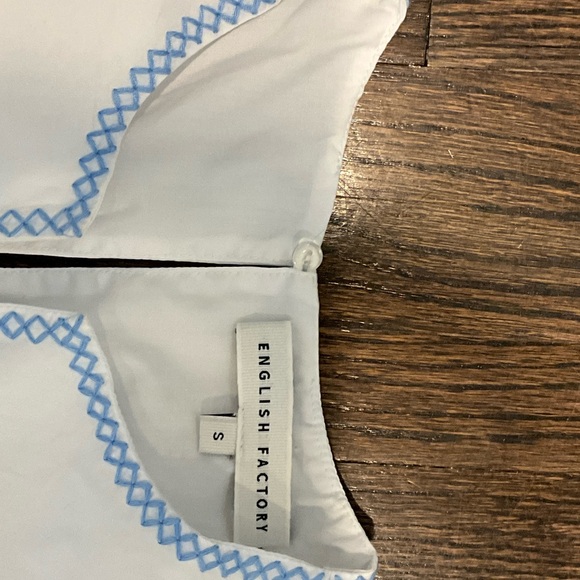 English Factory White Blouse with Blue Embroidered Trim and Ruffle Detail - Picture 3 of 8
